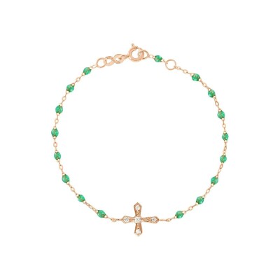 Bracelet Gigi Clozeau Croix Vintage en or rose, résine menthe et diamants, taille 17cm