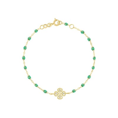 Bracelet Gigi Clozeau Lucky Trèfle en or jaune, résine menthe et diamants, taille 17cm