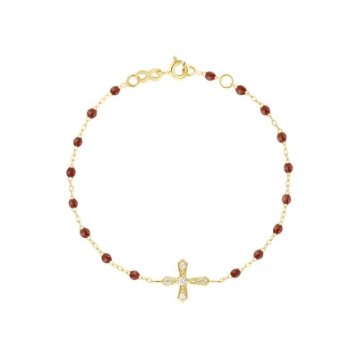 Bracelet Gigi Clozeau Croix Vintage en or jaune, résine moka et diamants, taille 17cm