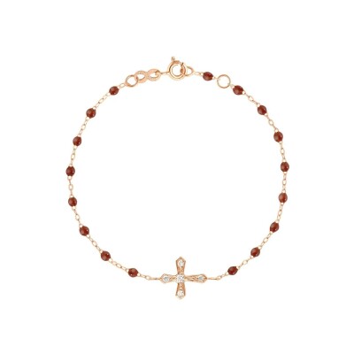 Bracelet Gigi Clozeau Croix Vintage en or rose, résine moka et diamants, taille 17cm