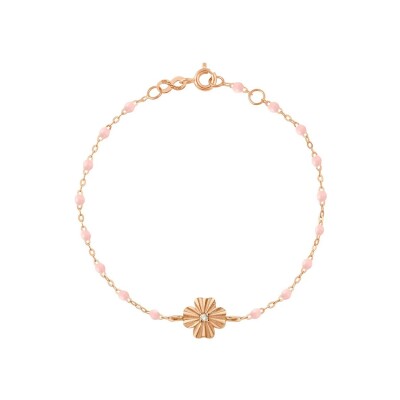 Bracelet Gigi Clozeau Trèfle Lumière en or rose, résine rose bébé et diamant, 17cm