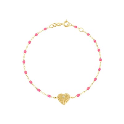 Bracelet Gigi Clozeau Cœur Lumière en or jaune, résine rose fluo et diamant, 17cm