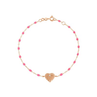 Bracelet Gigi Clozeau Cœur Lumière en or rose, résine rose fluo et diamant, 17cm