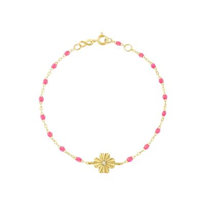 Bracelet Gigi Clozeau Trèfle Lumière en or jaune, résine rose fluo et diamant, 17cm