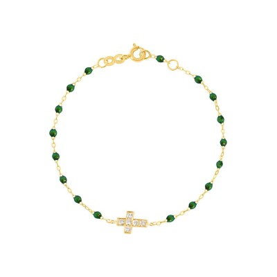 Bracelet Gigi Clozeau Croix en or jaune, résine scarabée et diamants, taille 17cm