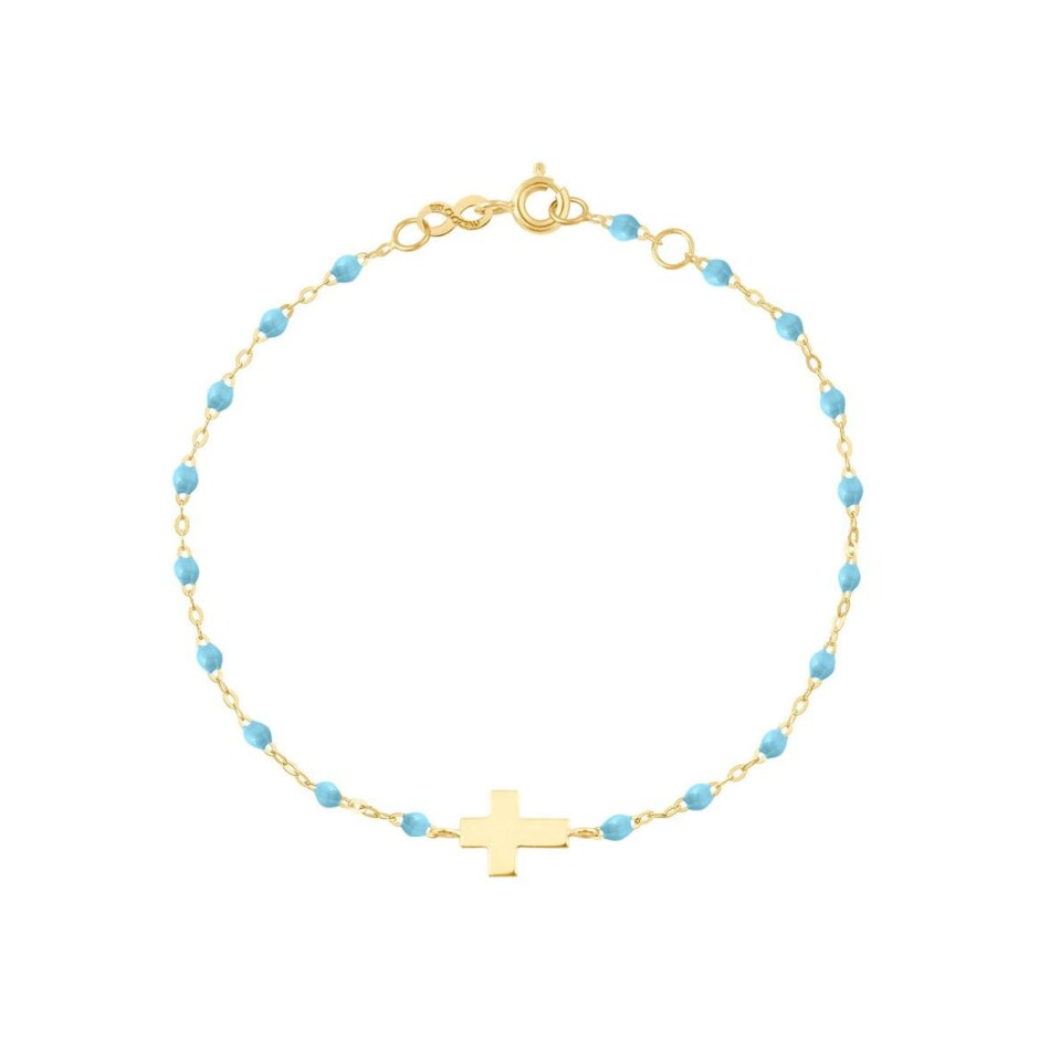 Bracelet Gigi Clozeau Croix en or jaune et résine turquoise bleu, taille 17cm