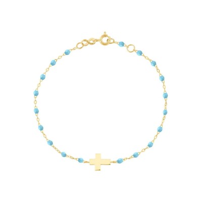 Bracelet Gigi Clozeau Croix en or jaune et résine turquoise bleu, taille 17cm