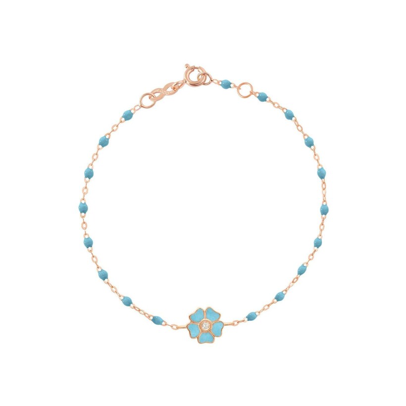 Bracelet Gigi Clozeau Fleur en or rose, résine turquoise bleu et diamants, taille 17cm