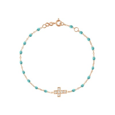 Bracelet Gigi Clozeau Croix en or rose, résine turquoise vert et diamants, taille 17cm