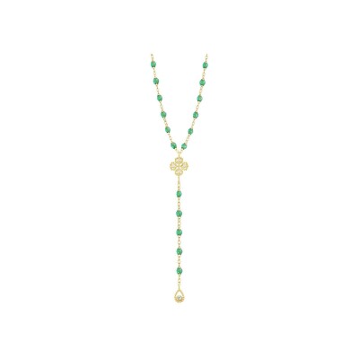 Chapelet Gigi Clozeau Lucky Trèfle en or jaune, résine menthe et diamants, taille 45cm