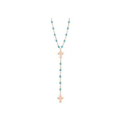 Chapelet Gigi Clozeau Croix en or rose et résine turquoise vert, taille 42cm