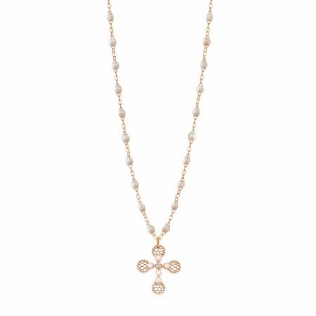 Collier Gigi Clozeau Croix Dentelle en or rose, résine opale et diamant, 42cm