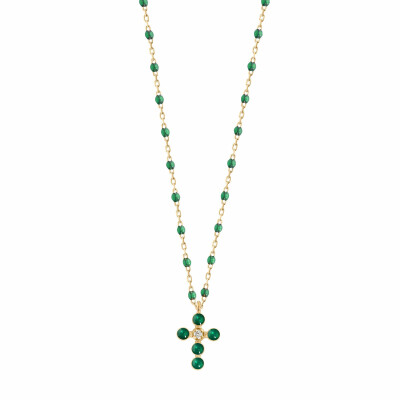 Collier Gigi Clozeau Croix Perlée en or jaune, résine vert émeraude et diamant, 42cm