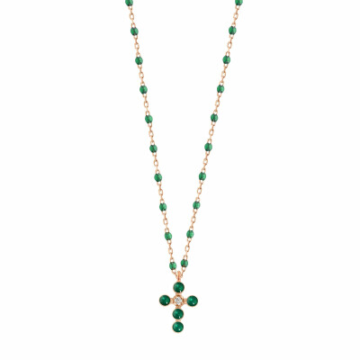 Collier Gigi Clozeau Croix Perlée en or rose, résine vert émeraude et diamant, 42cm