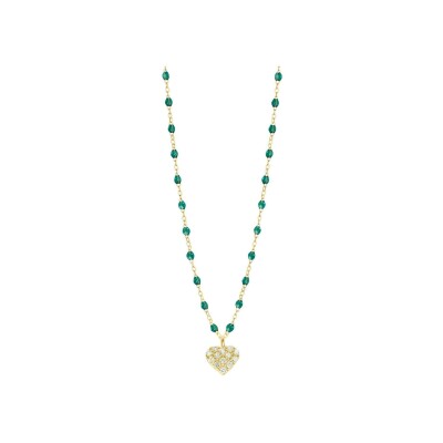 Collier Gigi Clozeau In Love en or jaune, résine vert émeraude et diamants, taille 42cm