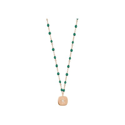 Collier Gigi Clozeau Miss Gigi en or rose, résine vert émeraude et diamants, taille 42cm