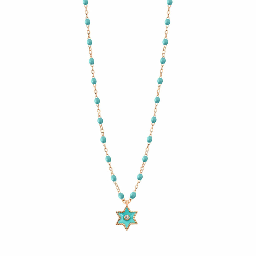 Collier Gigi Clozeau Etoile Star en or rose, résine turquoise vert et diamant, 42cm