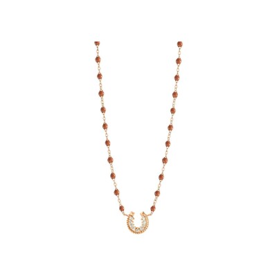 Collier Gigi Clozeau Fer Ã  cheval en or rose, résine fauve et diamants, taille 42cm