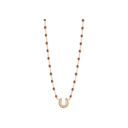 Collier Gigi Clozeau Fer Ã  cheval en or rose, résine fauve et diamants, taille 42cm