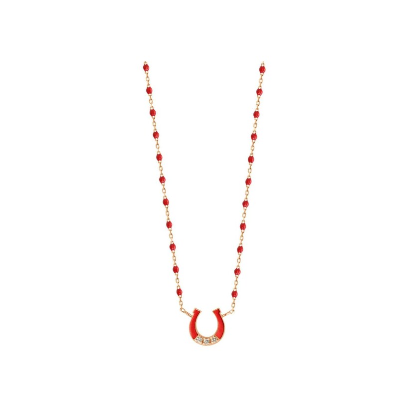 Collier Gigi Clozeau Fer Ã  cheval en or rose, résine coquelicot et diamants, taille 42cm