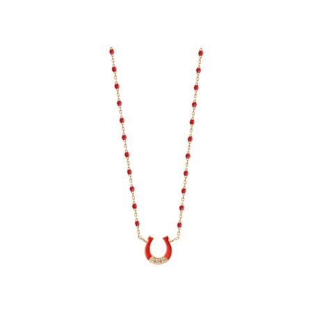 Collier Gigi Clozeau Fer Ã  cheval en or rose, résine coquelicot et diamants, taille 42cm