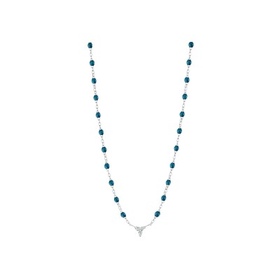 Collier Gigi Clozeau petit Kosmos en or blanc, résine jungle et diamants, 42cm