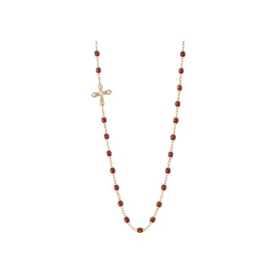 Collier Gigi Clozeau Croix Vintage en or rose, résine moka et diamants, taille 42cm