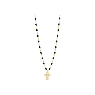 Collier Gigi Clozeau Croix en or jaune, résine noir et diamants, taille 42cm