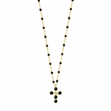 Collier Gigi Clozeau Croix Perlée en or jaune, résine noir et diamant, 42cm