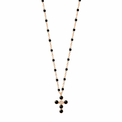 Collier Gigi Clozeau Croix Perlée en or rose, résine noir et diamant, 42cm