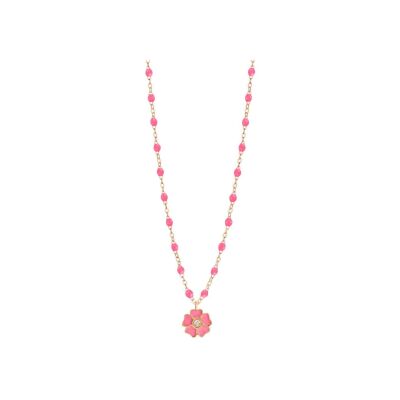Collier Gigi Clozeau Fleur en or rose, résine rose fluo et diamants, taille 42cm