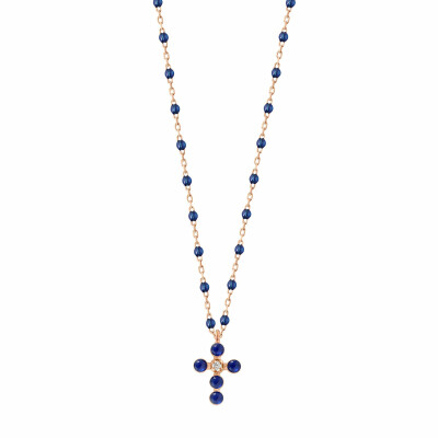 Collier Gigi Clozeau Croix Perlée en or rose, résine bleu prusse et diamant, 42cm