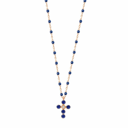 Collier Gigi Clozeau Croix Perlée en or rose, résine bleu prusse et diamant, 42cm