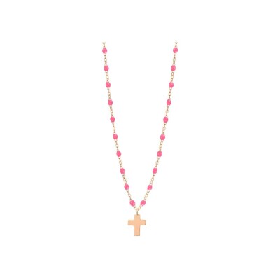 Collier Gigi Clozeau Croix en or rose et résine rose fluo, taille 42cm