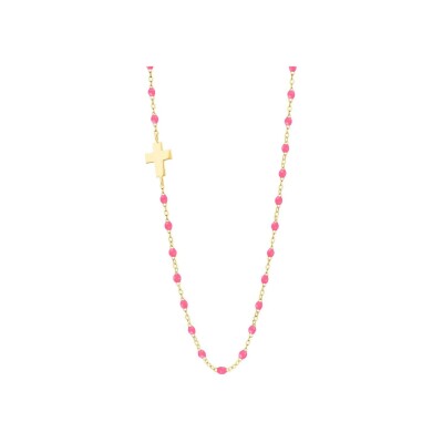 Collier Gigi Clozeau Croix en or jaune et résine rose fluo, taille 42cm