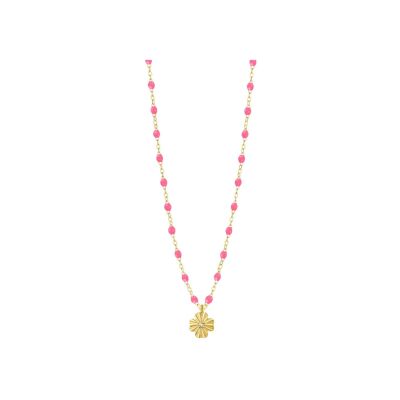 Collier Gigi Clozeau Trèfle Lumière en or jaune, résine rose fluo et diamant, 42cm