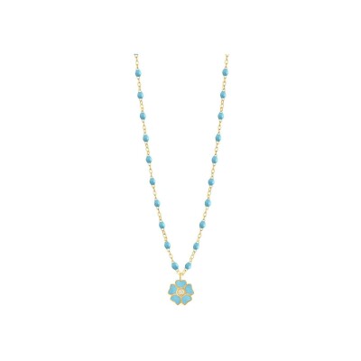 Collier Gigi Clozeau Fleur en or jaune, résine turquoise bleu et diamants, taille 42cm