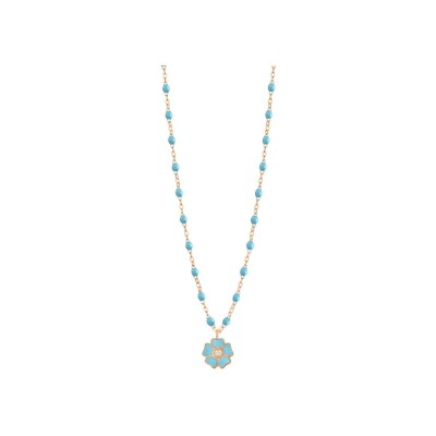 Collier Gigi Clozeau Fleur en or rose, résine turquoise bleu et diamants, taille 42cm