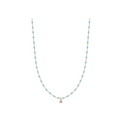 Collier Gigi Clozeau Mini en or rose, résine turquoise bleu et diamant, 40cm