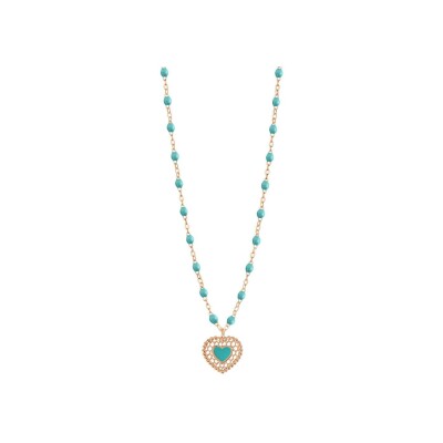 Collier Gigi Clozeau CÅ“ur Dentelle en or rose et résine turquoise vert, taille 42cm