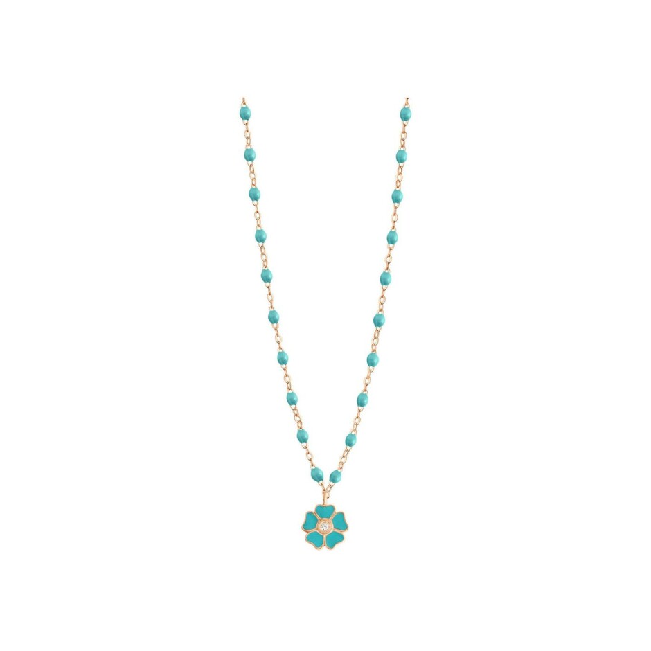 Collier Gigi Clozeau Fleur en or rose, résine turquoise vert et diamants, taille 42cm