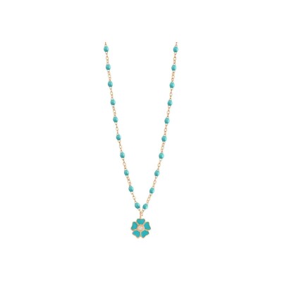 Collier Gigi Clozeau Fleur en or rose, résine turquoise vert et diamants, taille 42cm