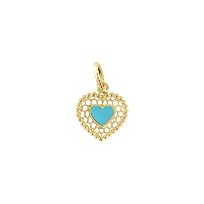 Pendentif Gigi Clozeau CÅ“ur Dentelle en or jaune et résine turquoise bleu