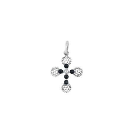 Pendentif Gigi Clozeau Croix Dentelle en or blanc, résine noir et diamants