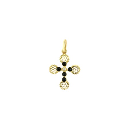 Pendentif Gigi Clozeau Croix Dentelle en or jaune, résine noir et diamants