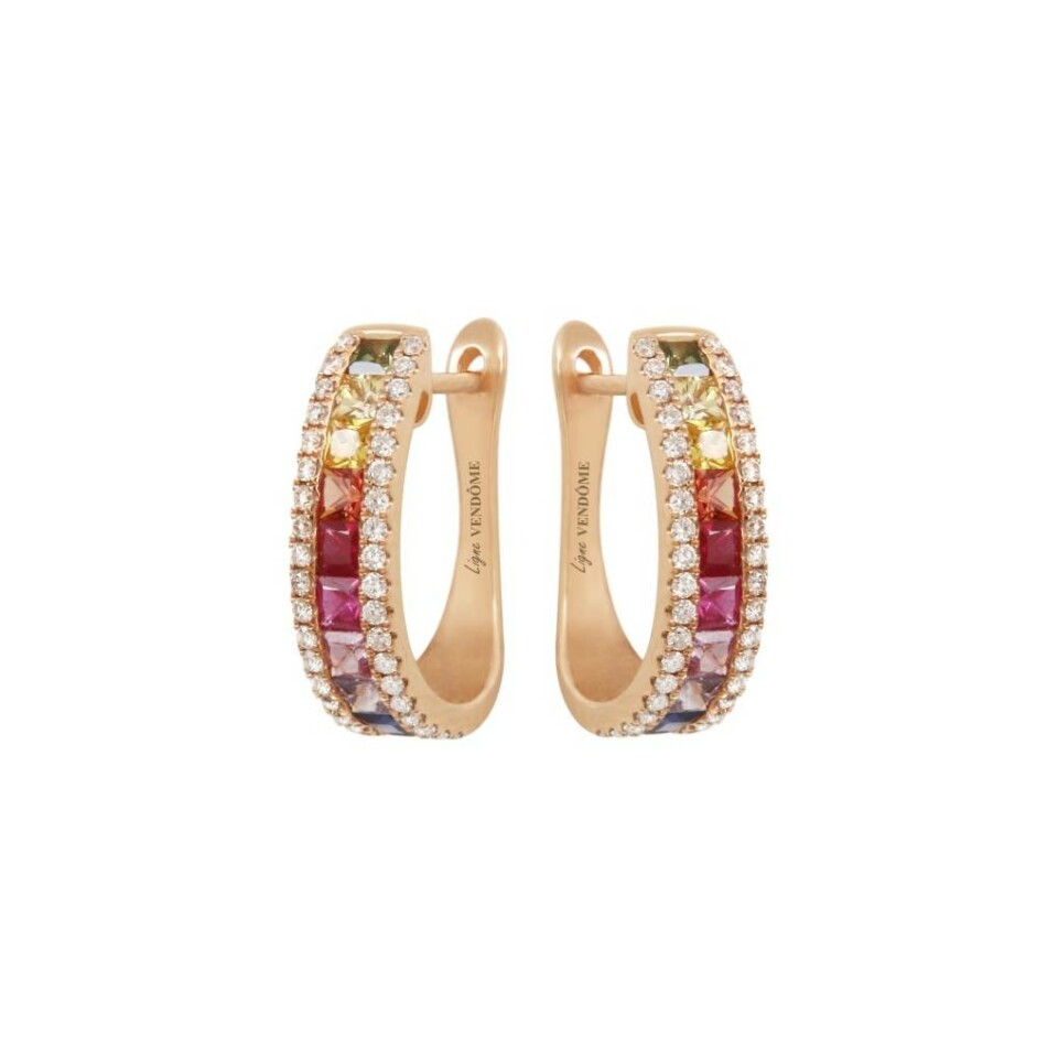 Boucles d'oreilles demies créoles Arc en ciel deux rangs en or rose, saphir multicolore et diamant