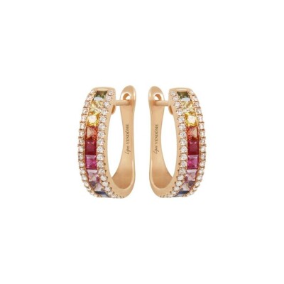 Boucles d'oreilles demies créoles Arc en ciel deux rangs en or rose, saphir multicolore et diamant