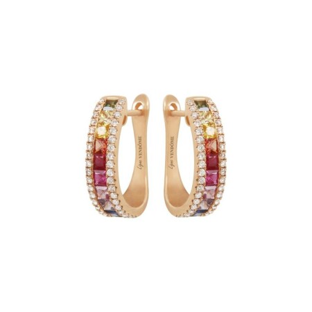 Boucles d'oreilles demies créoles Arc en ciel deux rangs en or rose, saphir multicolore et diamant