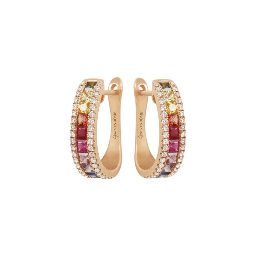 Boucles d'oreilles demies créoles Arc en ciel deux rangs en or rose, saphir multicolore et diamant