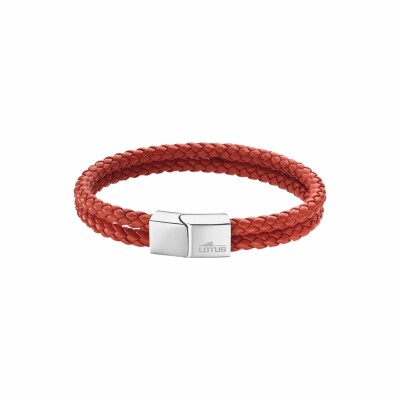 Bracelet Lotus Style Men Basic en acier et cuir tressé rouge